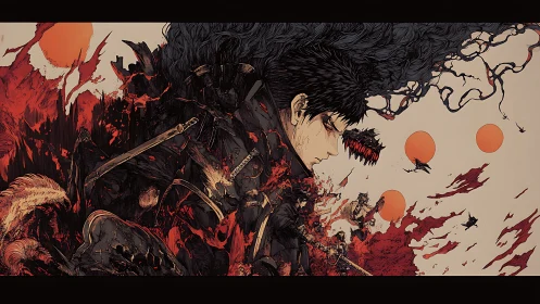 Samurai warrior dissolves into chaotic red battlefield abstraction