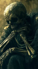 Pensive golden skeleton sits in decayed, moody light