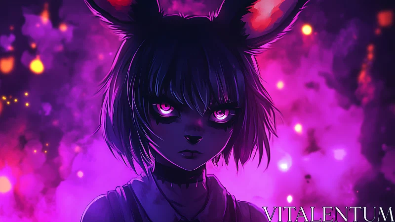 Anthropomorphic figure with glowing eyes in neon haze.