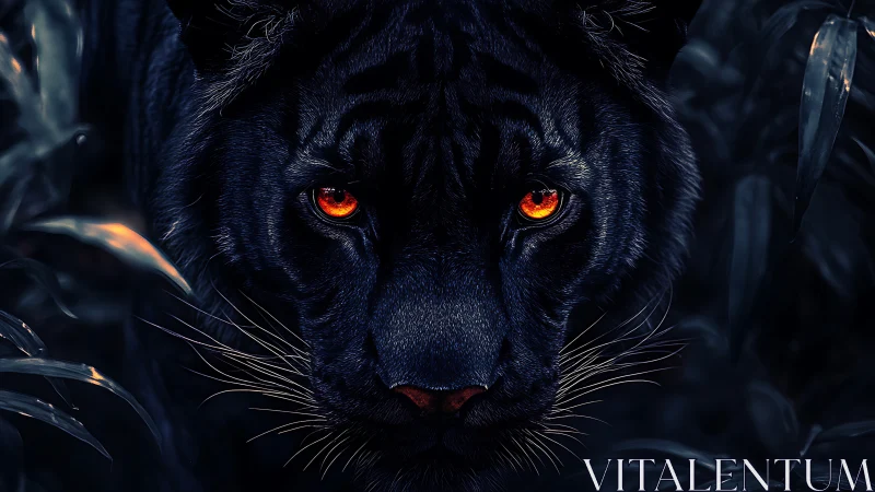 Black panther closeup with glowing orange eyes at night.