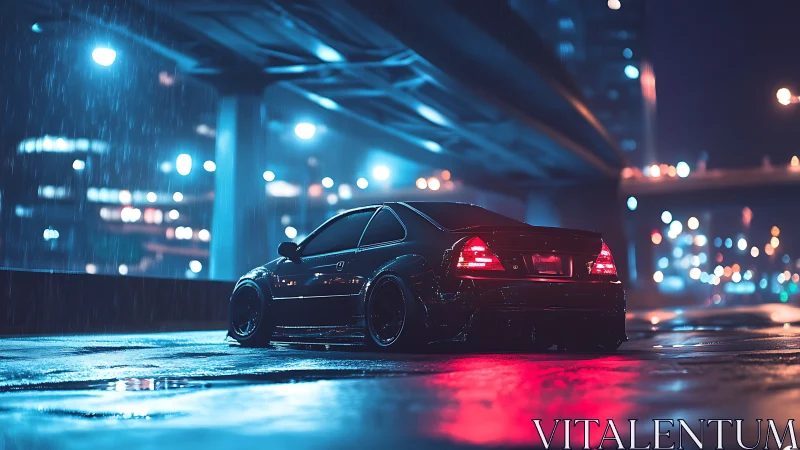 Lowered coupe idles under neon rain in cinematic cyber-noir city