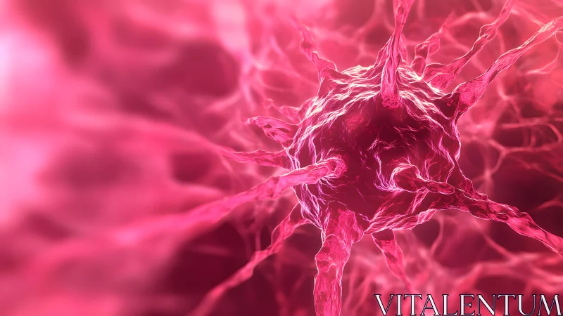 Close-up 3D Rendering of a Pink Nerve Cell in Abstract Style.