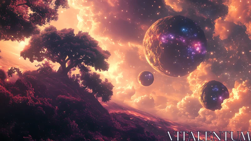 Celestial spheres float above glowing magenta alien forest.