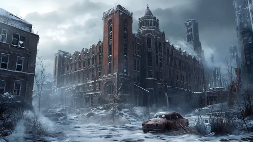Snow covered abandoned urban street with derelict buildings.