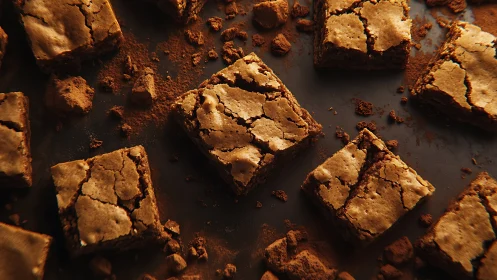 High-contrast macro view captures cracked-topped cocoa brownies on slate
