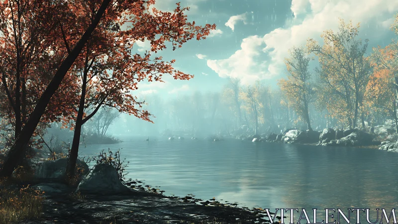 Rendered lakeside woodland depicts overcast, misty conditions