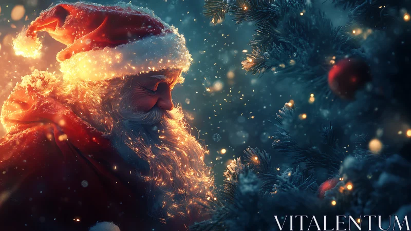 Santa in glowing snowfall beside decorated fir tree.