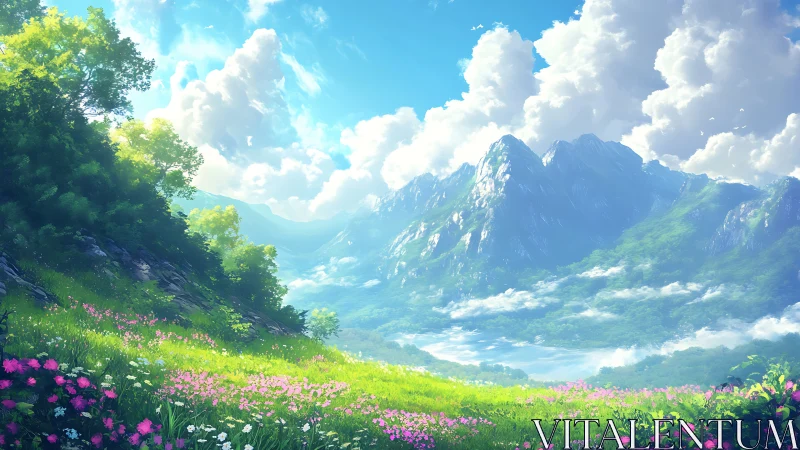 Morning light pours across a bright mountain wildflower meadow