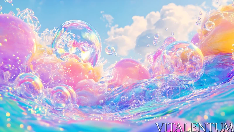 Iridescent liquid surface holds translucent bubbles under sky