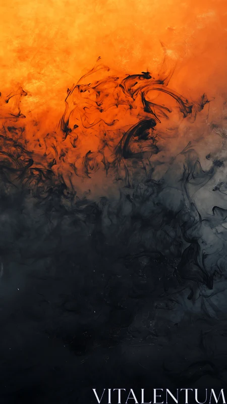 Fiery orange smoke billows above deep swirling black ink
