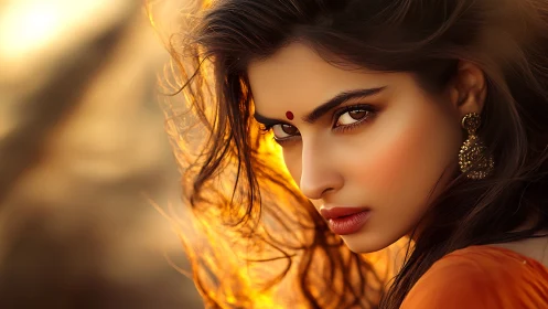 Sunlit gaze of an elegant woman in warm golden glow.