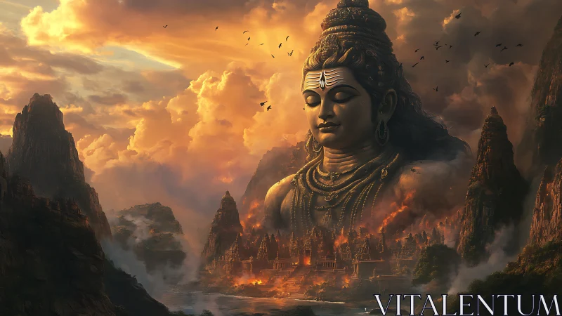 Colossal Shiva spirit crowns a firelit mythic mountain realm.