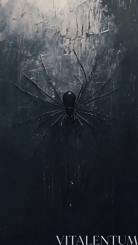 Glistening black spider resting on a moody shadowed wall.