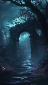 Ancient stone gate glows under eerie moonlit forest sky