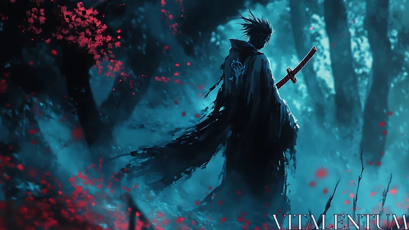 Lone warrior pauses in a glowing blue forest of drifting petals