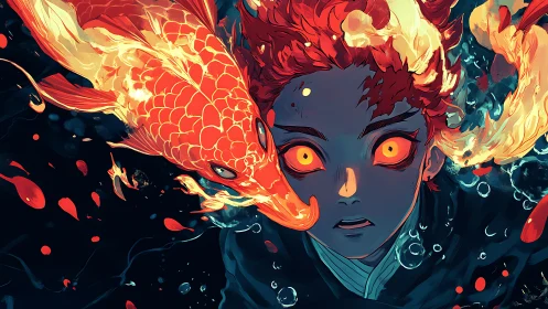 Hydrodynamic fusion of koi flame vectors and awestruck diver.