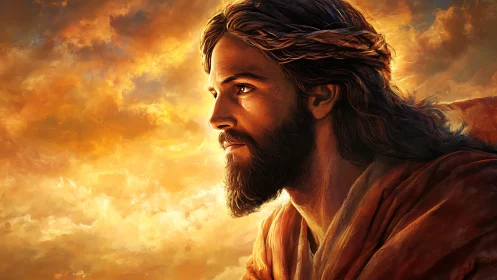 Side profile portrait of robed man against luminous sky