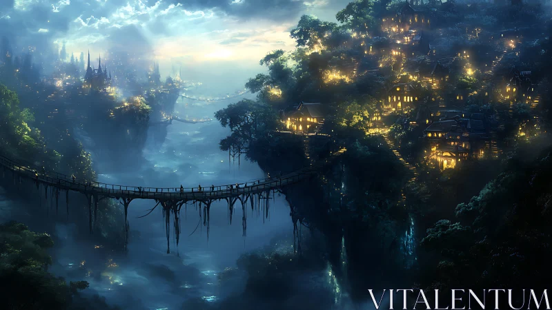 Fantasy cliffside villages connected by bridges at night