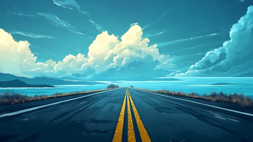 Two-lane highway leading to distant lake under clouded sky.