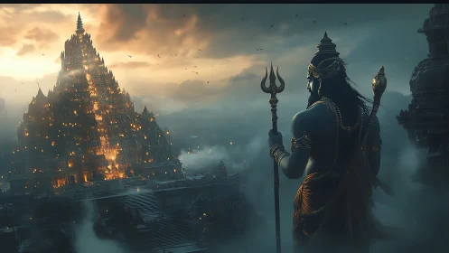 Mythic guardian watches blazing temple in stormlit twilight