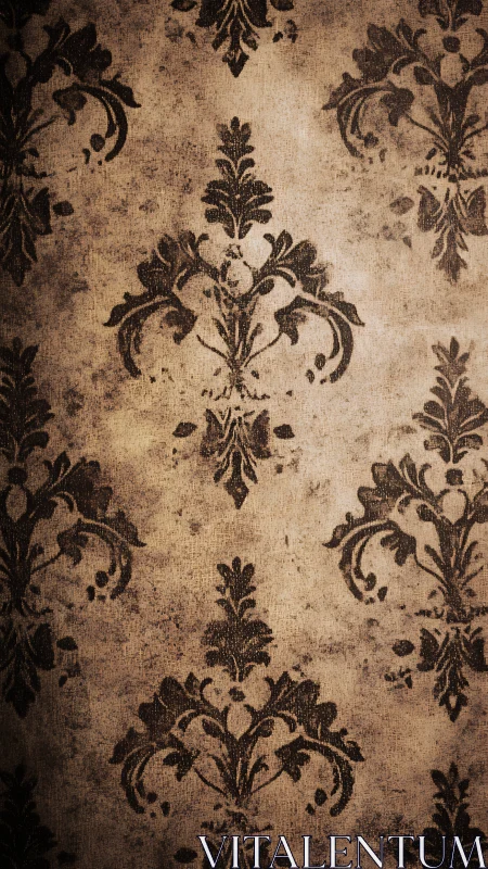 Aged baroque damask wallpaper shows distressed textile surface