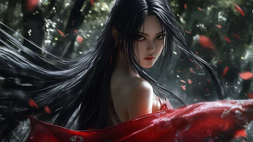 Dark-haired warrior in red kimono amid windblown forest scene.