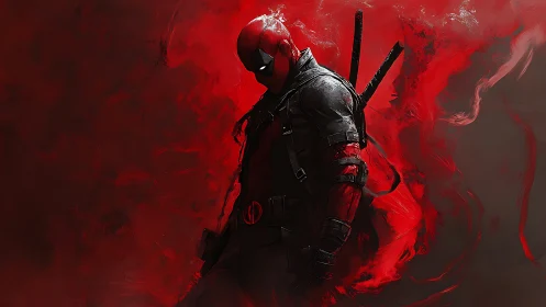 Digital painting of masked antihero in red kinetic haze.