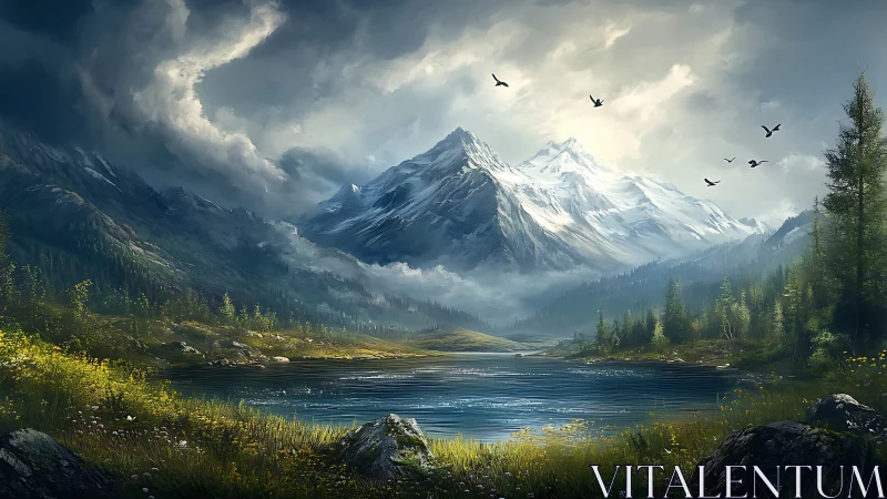 Snowcapped mountains rise over a tranquil alpine lake at dawn