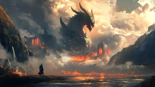 Armored fire dragon looms above lone warrior in clouds.