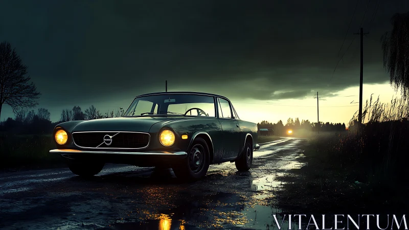 Golden hour drives welcome a classic Volvo on wet country roads