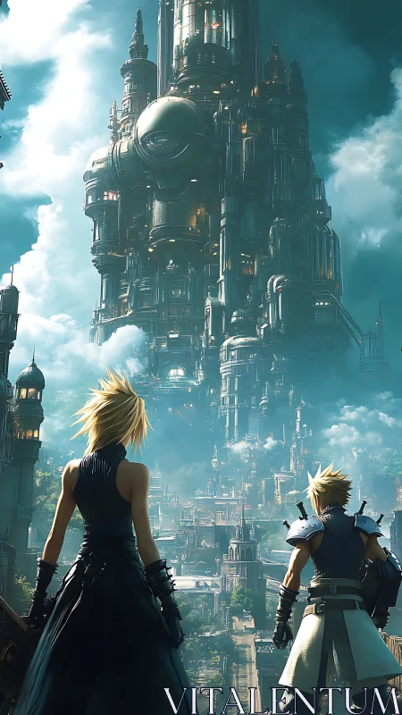 Twin warriors confront a towering cybercity in radiant sky mist