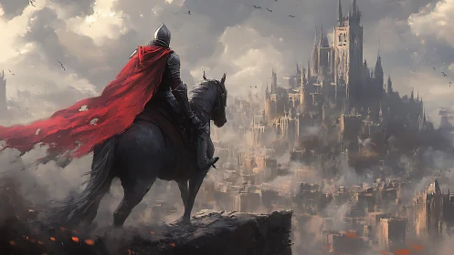 Armored rider surveying storm-laden gothic fortress skyline.