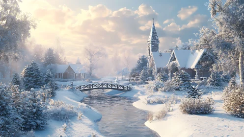 Snow-laden village church beside glowing winter riverbank.