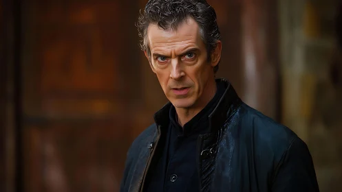 Intense man in dark jacket against warm blurred background