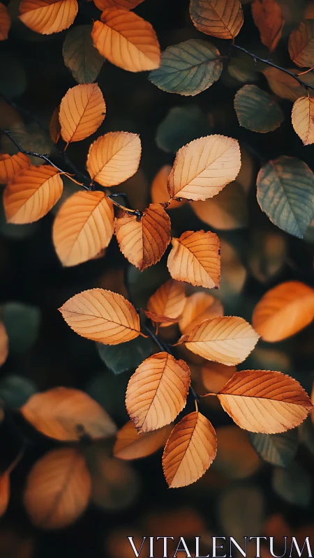 Golden autumn leaves glow gently against a soft dark forest