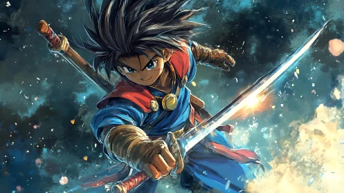 Kinetically charged anime swordsman in dynamic aerial strike.