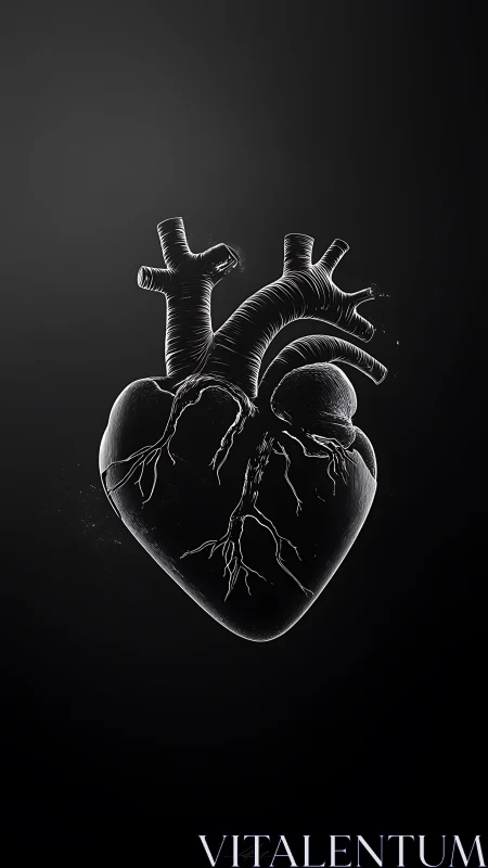 Anatomical heart rendered in white line drawing on dark background