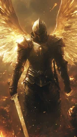 Armored winged figure with sword in fiery illuminated scene.