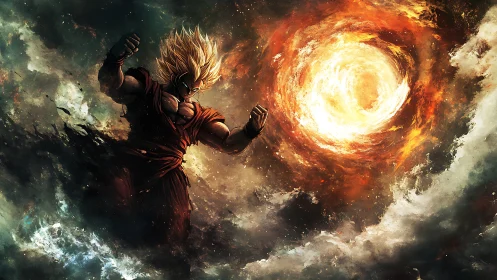 Blazing warrior rises against a swirling cosmic firestorm.