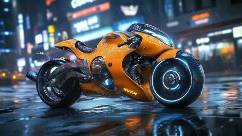 Futuristic orange motorcycle stands on wet neon city street
