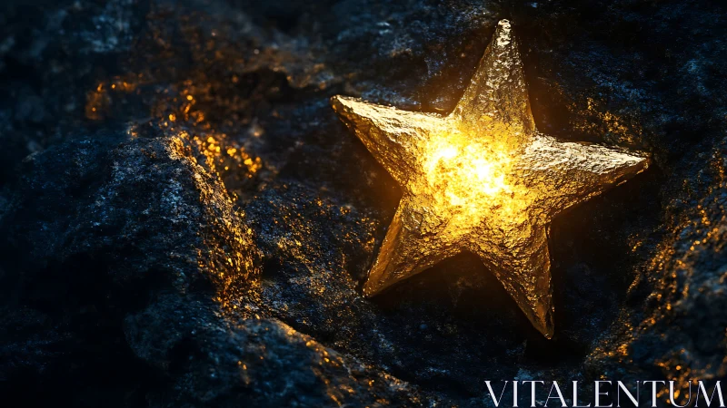 Luminous golden star embedded in dark textured stone.