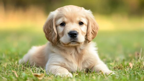 Gentle golden retriever puppy relaxes on soft green grass