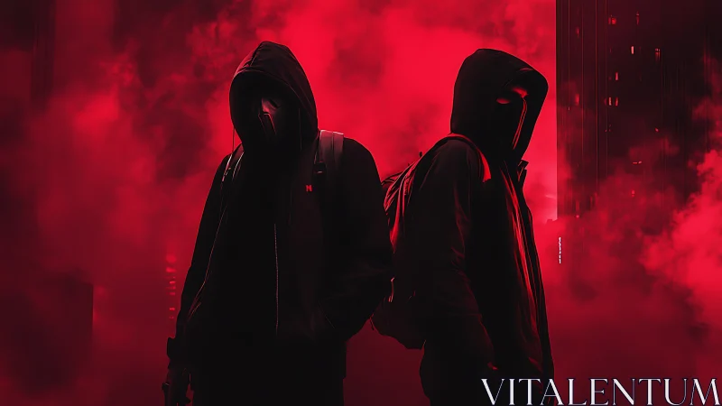 Two hooded figures stand in red fog against city buildings