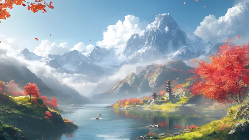 Crimson pagodas beneath cloud crowned mountain giants.