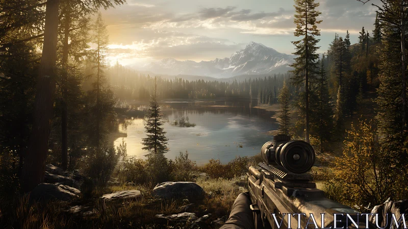 Rifle scope view over forest lake toward distant mountains.