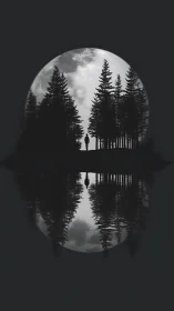 Silhouetted figure by forest lake against full moon reflection.