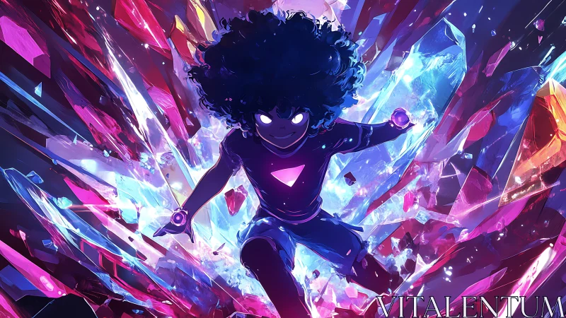 Energetic crystal-runner breaching neon refractive shards.