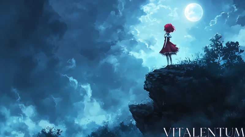 Girl in red dress overlooks luminous moonlit storm clouds