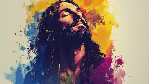 Serene bearded dreamer bathed in swirling sunset colors.