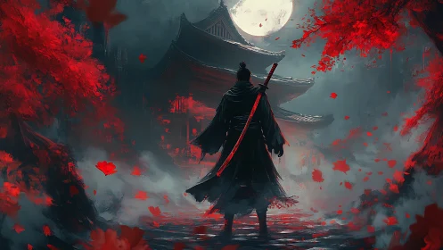 Lone samurai before moonlit temple in crimson storm.